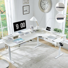 60 Inches L Shaped Electric Standing Desk, Height Adjustable Corner Gaming Desk with Drawers, Keyboard Tray, Power Outlets & LED Lights, Computer Desk with Monitor Shelf, Antique White