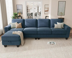 Sectional Sofa Couch for Living Room, 106 Inches L Shaped Couch with Storage, 5 Seater Corduroy Home Sofas, Modern Couches with Chaise for Apartment, Sofas Para Sala, Dark Blue