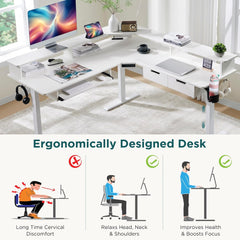 60 Inches L Shaped Electric Standing Desk, Height Adjustable Corner Gaming Desk with Drawers, Keyboard Tray, Power Outlets & LED Lights, Computer Desk with Monitor Shelf, Antique White