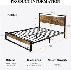 Full Size Bed Frame with Wooden Headboard,Heavy Duty Metal Slats Support Platform,No Box Spring Needed,Rustic Brown