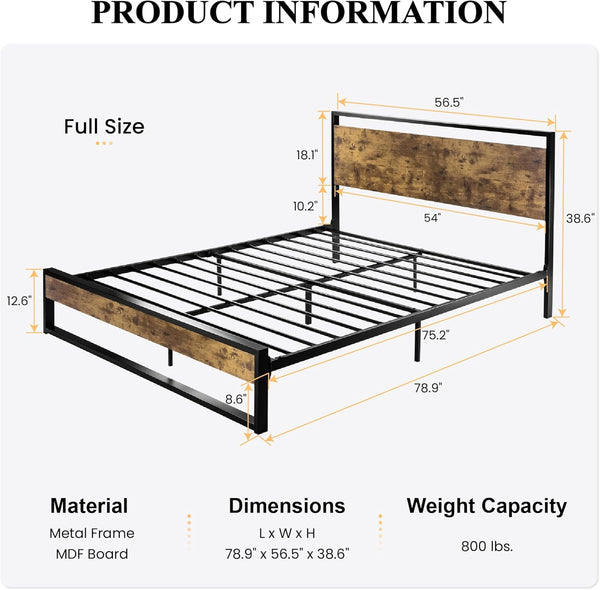 Full Size Bed Frame with Wooden Headboard,Heavy Duty Metal Slats Support Platform,No Box Spring Needed,Rustic Brown
