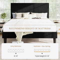 Full Bed Frame, Velvet Platform Bed Frame with Vertical Channel Tufted Headboard, Upholstered Corduroy, Strong Wooden Slats, Mattress Foundation, No Box Spring Needed, Easy Assembly, Black