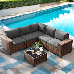 Patio Furniture Sets, 7 Pieces Outdoor Rattan Sectional Sofa Set with Glass Table and Cushions, Wicker Patio Conversation Set for Outdoor Indoor Backyard Lawn Garden Porch (Grey)