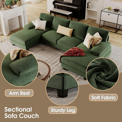 Sectional Couches for Living Room, U-Shaped Sofa Couch with Linen Fabric, 4 Seat Sofa Set with Double Chaise for Apartment (Fabric, Green)