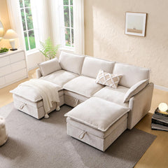 88.98" Modern U-Shaped Sectional Sofa with Ottoman and Storage, Chenille 3-Seater Couch with Deep Seat and Pillows for Living Room and Bedroom, Beige White
