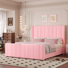 King Size Bed Frame and Headboard, Upholstered Bed with Vertical Channel Tufted Headboard & Footboard, Wooden Slats/Noise Free/No Box Spring Needed/Easy Assembly, Pink