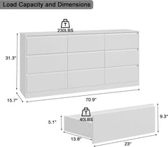 70.9” Dresser for Bedroom with 9 Drawers, Large Modern Chest of Drawers with Deep Drawers, Wide Double Dresser Handle Free, Storage Organizer for Bedroom, Living Room, Hallway (White)