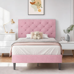 Queen Bed Frame with Headboard, Linen Fabric Upholstered Bed Frame Queen, Wood Slats Support, Button Tufted, No Box Spring Needed, White