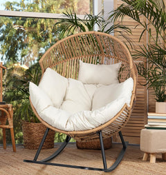 Egg Chair Wicker Outdoor Chairs, Oversized Patio Chair Oversized Lounger Chair with Cushion for Indoor Living Room, Bedroom, outside Patio Backyard Balcony, Beige