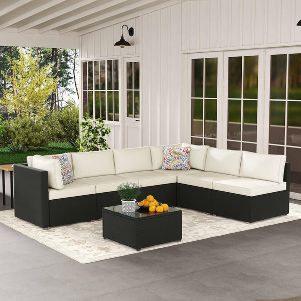 7-Piece Outdoor Patio Furniture Set – Handwoven All-Weather Rattan & 4” Thick Waterproof Cushions, Wicker Outdoor Conversation Sets with Coffee Table for Deck, Backyard, Garden