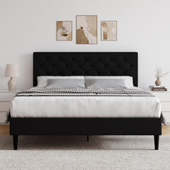 Queen Bed Frame with Headboard, Linen Fabric Upholstered Bed Frame Queen, Wood Slats Support, Button Tufted, No Box Spring Needed, White