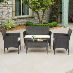 | 4-Piece Patio Furniture Set | Outdoor Wicker Furniture with Coffee Table | Modern Rattan Chairs Conversation Set | Outdoor Seating | Weather-Resistant | Black | for Porch, Garden, Lawn
