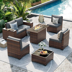 Patio Furniture Set, 8 Inch Armrest Outdoor Sectional Sofa, 6 Piece Wicker Outdoor Furniture Conversation Sets with Waterproof Cover and Coffee Table for Backyard Deck(Brown/Dark Grey)