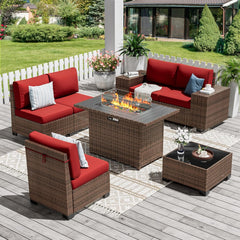 Patio Furniture Sets, 7 Pieces Outdoor Rattan Sectional Sofa Set with Glass Table and Cushions, Wicker Patio Conversation Set for Outdoor Indoor Backyard Lawn Garden Porch (Grey)