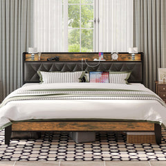Full Size Bed Frame, Storage Headboard with Outlets, Easy to Install, Sturdy and Stable, No Noise, No Box Springs Needed - Perfect for a Good Night'S Sleep