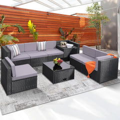 6-Piece Outdoor Patio Furniture Set - Sectional Sofa, Dining Table & Chairs Included, All-Weather Dining Set with Ottoman, Grey Wicker and Grey Cushions