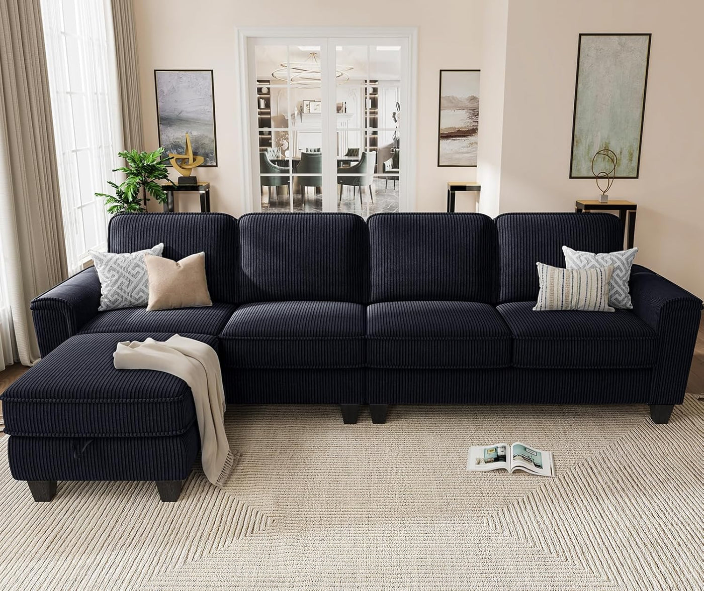 Sectional Sofa Couch for Living Room, 106 Inches L Shaped Couch with Storage, 5 Seater Corduroy Home Sofas, Modern Couches with Chaise for Apartment, Sofas Para Sala, Dark Blue