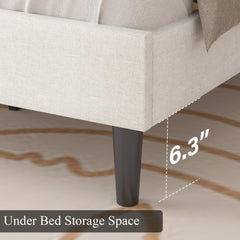 Queen Bed Frame with Headboard, Linen Fabric Upholstered Bed Frame Queen, Wood Slats Support, Button Tufted, No Box Spring Needed, White