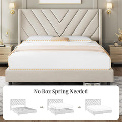 Queen Bed Frame Upholstered Platform Bed with Wing Side/Wooden Slat Support/Tufted Headboard with Wing Side/Mattress Foundation/No Box Spring Needed,Beige Queen Bed