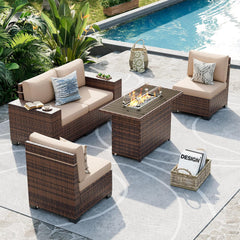 Patio Furniture Set, 8 Inch Armrest Outdoor Sectional Sofa, 6 Piece Wicker Outdoor Furniture Conversation Sets with Waterproof Cover and Coffee Table for Backyard Deck(Brown/Dark Grey)