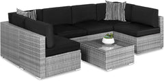 7-Piece Modular Outdoor Sectional Wicker Patio Conversation Set W/ 2 Pillows, Coffee Table, Cover Included - Gray/Cream