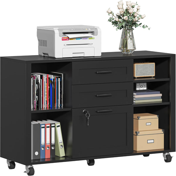 3 Drawer Wood Lateral File Cabinet with Lock, Rolling Mobile Filing Cabinet with Open Storage Shelves, Printer Stand Office Storage Cabinet for Home Office Fits Files Legal/A4 Size, Black