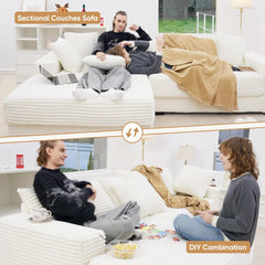 111‘’ Sectional Cloud Couches with L Shaped Chaise, Extra Large Sleeper Couch Reversible Corduroy with 8Pcs Pillows for Living Room, Bedroom-Beige