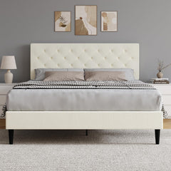 Queen Bed Frame with Headboard, Linen Fabric Upholstered Bed Frame Queen, Wood Slats Support, Button Tufted, No Box Spring Needed, White