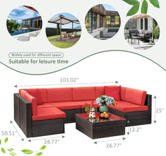 7 Pieces Outdoor Sectional Sofa Patio Furniture Sets Manual Weaving Wicker Rattan Patio Conversation Sets with Cushion and Glass Table (Red)