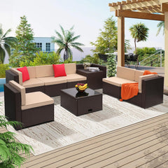 6-Piece Outdoor Patio Furniture Set - Sectional Sofa, Dining Table & Chairs Included, All-Weather Dining Set with Ottoman, Grey Wicker and Grey Cushions
