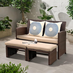 Outdoor Loveseat 3 Piece Patio Furniture Set Outdoor Conversation Set All-Weather Wicker Love Seat with Ottoman/Side Table, Brown Rattan, Dark Grey