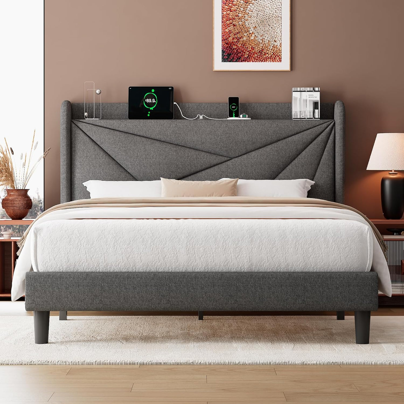 Full Size Bed Frame with Charging Station, Linen Platform Bed Frame with Wingback Headboard Upholstered Bedframe, Solid Wood Slats Support, No Box Spring Needed, Easy Assembly, Dark Grey