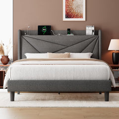 Full Size Bed Frame with Charging Station, Linen Platform Bed Frame with Wingback Headboard Upholstered Bedframe, Solid Wood Slats Support, No Box Spring Needed, Easy Assembly, Dark Grey
