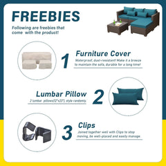 3 Pieces Patio Furniture Set Outdoor Sectional Wicker Patio Furniture Patio Couch with Ottoman and Outdoor Storage Table with Lining Weathering Anti-Slip Cushions Waterproof Covers, Peacock Blue