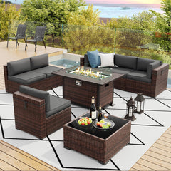 Patio Furniture Sets, 7 Pieces Outdoor Rattan Sectional Sofa Set with Glass Table and Cushions, Wicker Patio Conversation Set for Outdoor Indoor Backyard Lawn Garden Porch (Grey)