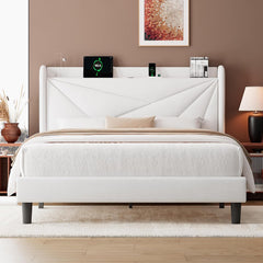 Full Size Bed Frame with Charging Station, Linen Platform Bed Frame with Wingback Headboard Upholstered Bedframe, Solid Wood Slats Support, No Box Spring Needed, Easy Assembly, Dark Grey