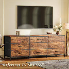 63 Inch Dresser for Bedroom, Dresser for Closet with 9 Drawers, Large TV Stand for 55, 65, 70 Inch TV, Entertainment Center with Storage, Wide Long Chest of Drawers, Rustic Brown