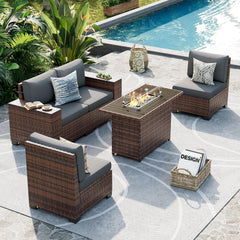 Patio Furniture Set, 8 Inch Armrest Outdoor Sectional Sofa, 6 Piece Wicker Outdoor Furniture Conversation Sets with Waterproof Cover and Coffee Table for Backyard Deck(Brown/Dark Grey)