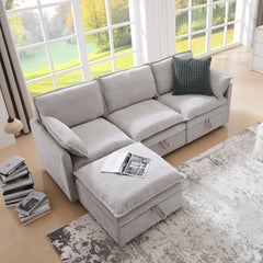 88.98" Modern U-Shaped Sectional Sofa with Ottoman and Storage, Chenille 3-Seater Couch with Deep Seat and Pillows for Living Room and Bedroom, Beige White