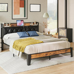 Full Size Bed Frame, Storage Headboard with Outlets, Easy to Install, Sturdy and Stable, No Noise, No Box Springs Needed - Perfect for a Good Night'S Sleep