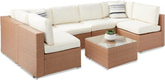 7-Piece Modular Outdoor Sectional Wicker Patio Conversation Set W/ 2 Pillows, Coffee Table, Cover Included - Gray/Cream