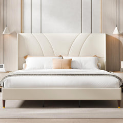 Full Size Bed Frame with 51.2" Tall Curved Wingback Headboard, Linen Upholstered Platform Bed, Soft Fabric/Noise-Free/Wooden Slats Support/No Box Spring Needed/Easy Assembly, Beige