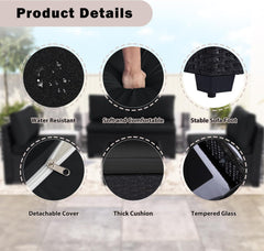 5 Pieces Patio Furniture Sets, Outdoor Furniture Patio Conversation Set, All Weather PE Rattan Sectional Sofa with Cushions and Glass Table (5 Pieces-S, Black-Black)