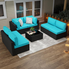 7 Piece Outdoor Patio Furniture Set, PE Rattan Conversation Sofa Set, Wicker Sectional Sofa Set with Cushions Couch Set & Coffee Table for Outside, Garden, Balcony, Light Blue