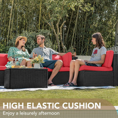 7 Pieces Outdoor Sectional Sofa Patio Furniture Sets Manual Weaving Wicker Rattan Patio Conversation Sets with Cushion and Glass Table (Red)