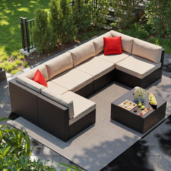 7 Pieces Patio Furniture Sets Outdoor All-Weather Sectional Patio Sofa Set PE Rattan Manual Weaving Wicker Patio Conversation Set with Glass Table&Ottoman Cushion and Red Pillows, Beige