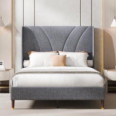 Full Size Bed Frame with 51.2" Tall Curved Wingback Headboard, Linen Upholstered Platform Bed, Soft Fabric/Noise-Free/Wooden Slats Support/No Box Spring Needed/Easy Assembly, Beige