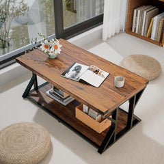 43” Industrial Coffee Table, 2-Tier Farmhouse Center Table with Storage Shelf, Angle Iron Top & Metal Frame, Living Room Cocktail Table, Rustic Brown
