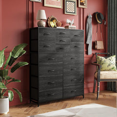 WLIVE Tall Console Table with 15 Fabric Drawers, Entryway Table with Storage, Tall Storage Organizer with Wood Top, Steel Frame for Living Room, Hallway, Office, Charcoal Black Wood Grain Print