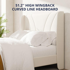 Full Size Bed Frame with 51.2" Tall Curved Wingback Headboard, Linen Upholstered Platform Bed, Soft Fabric/Noise-Free/Wooden Slats Support/No Box Spring Needed/Easy Assembly, Beige
